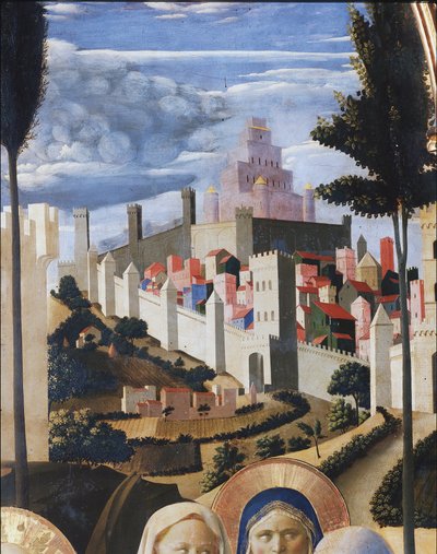 Landskap med utsikt över Jerusalem och Salomos tempel. Detalj av Kristi avsättning eller den heliga treenighetens altartavla (tempera på trä av Fra  Angelico