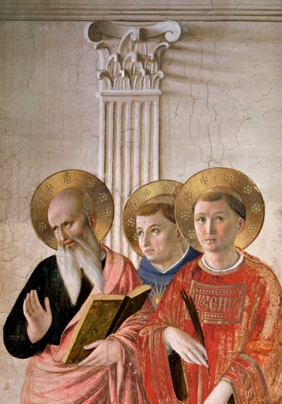 Skuggornas Madonna. Detalj: St John, St Thomas och St Lawrence (fresk, ca 1438-1446) av Fra  Angelico