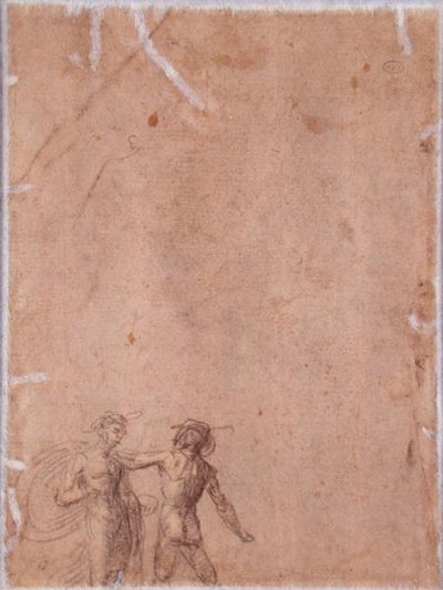 Två figurer (verso) (svart och gul krita förhöjd med vitt på papper) (för recto se 152658) av Fra 1472 1517 Bartolommeo