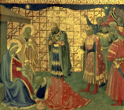 Adoration of the Magi, detalj från en predellapanel, 1434 tempera på paneldetalj av 98904 av Fra Angelico