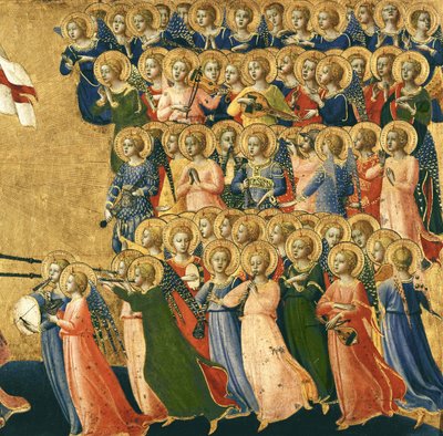 Kristus förhärligad i himlens domstol, detalj av musikänglar från höger sida, 1419-35 (tempera på panel) (detalj av 4052) av Fra Angelico