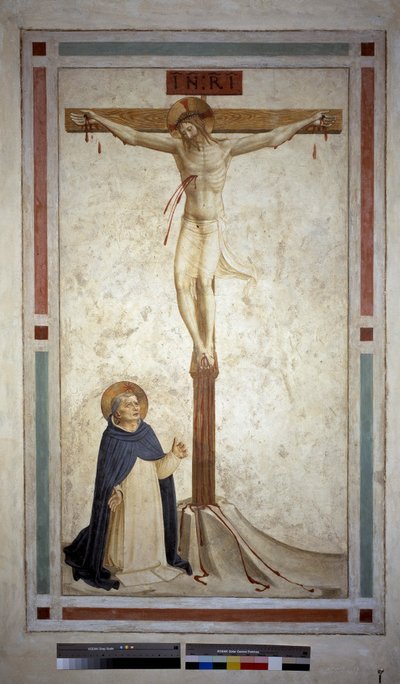 Korsfästelse med Saint Dominic. Inskriptionen ""INRI"" på korset. Fresk av Guido di Pietro av Fra Angelico