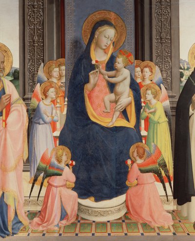 Detalj från Politico Di San Domenico som visar Jungfrun och barnet på tronen med åtta änglar, ca 1422 (tempera på panel) (se även 43912, 238446) av Fra Angelico