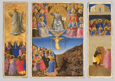 Italienska: Trittico (Ascensione, Giudizio Universale, Pentecoste) Triptyk med den yttersta domen, himmelsfärden och pingsten av Fra Angelico