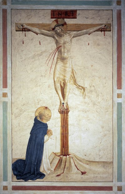 Korsfästelsen med Saint Dominic. Inskriptionen ""INRI"" på korset. Fresk av Guido di Pietro av Fra Angelico