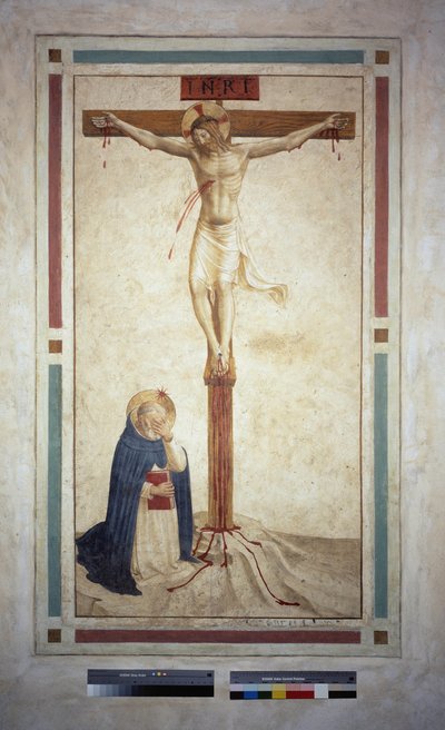 Korsfästelsen med Saint Dominic. Inskriptionen ""INRI"" på korset. Fresk av Guido di Pietro av Fra Angelico