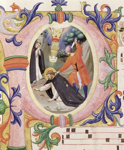 Missal 558 f.68v Historiserad initial "P" som visar mordet på den helige Petrus martyren. av Fra Angelico