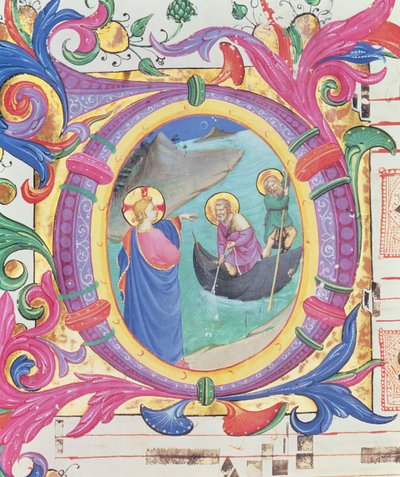 Missal 558 f.9r Historikert initial O som visar det mirakulösa draget av fiskar (detalj av 88928) av Fra Angelico