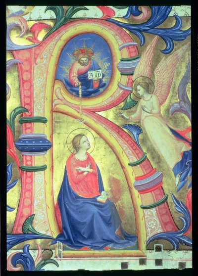 Ms 558 f.33v Bebådelsen avbildad i en historisk initial R, detalj från ett missal, tidigt 1430-tals velängdetalj av 88932 av Fra Angelico
