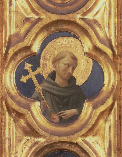 Santa Trinita altartavla, detalj av St. Franciskus huvud, c.1434 tempera & guld på panel av Fra Angelico