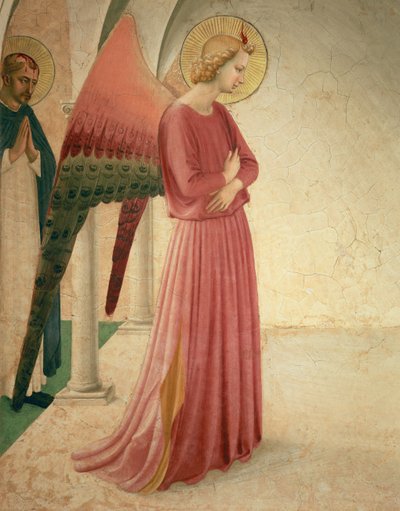 Bebådelsen, detalj om ängeln Gabriel och St. Peter martyren, fresk från 1442, se 72388 av Fra Angelico