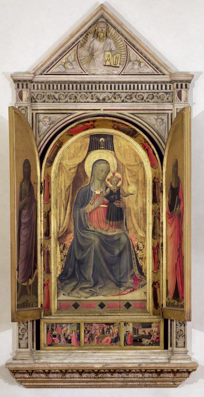 Linaiuoli-triptyken (med öppna fönsterluckor): Jungfrun och barnet tronar tillsammans med Johannes Döparen och Markus, 1433 (tempera på panel) (för detaljer se 119416). av Fra Angelico