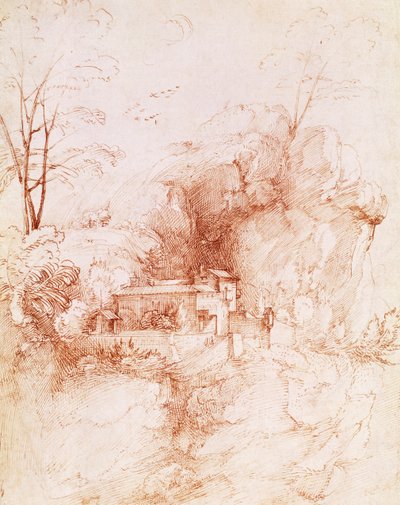 Stenigt landskap med kloster, teckning av Fra Bartolomeo (1472-1517). av Fra Bartolomeo