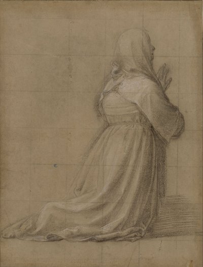 Knäböjande kvinna i bön, sedd bakifrån (studie till S:ta Katarinas figur) av Fra Bartolomeo