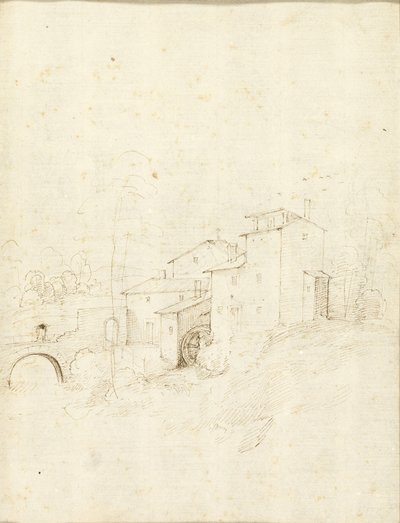 Vattenkvarn med figurer på en välvd bro av Fra Bartolommeo