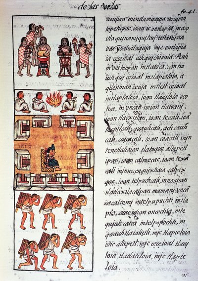 Aztekiskt samhälle, musiker, kung och köpmän, text på Nahuati, från faksimil av manuskript General History of Things of New Spain, även känd som Florentine Codex, av Bernardino de Sahagun av Fra Bernadino da Sahagun