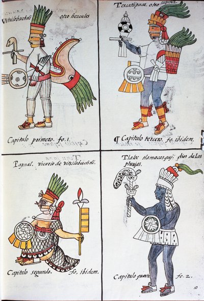 Forntida mexikaners gudar, Huitzilopochtli, Tezcatlipoca, Tlaloc och Paynal, text på spanska, från faksimil av manuskriptet General History of Things of New Spain, även känd som Florentine Codex, av Bernardino de Sahagun av Fra Bernadino da Sahagun