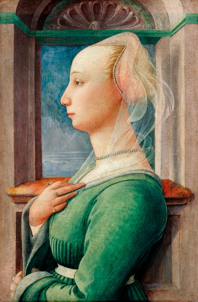 "Profilporträtt av en ung kvinna" Målning på trä av Filippo Lippi (1406-1469), ca 1445 - Olja på trä, 49,5x32,7 - Staatliche Museen, Berlin av Fra Filippo Lippi