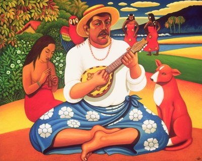 Gauguins Fantasy Island, 2005 (olja och tempera på panel) av Frances Broomfield