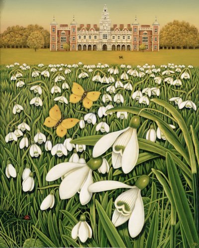 Snowdrop Day, Hatfield House, 1999 (olja och tempera på fältet) av Frances Broomfield