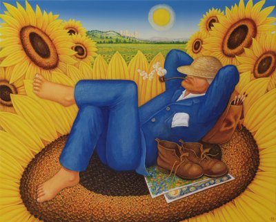 Van Goghs solrosor, 1998 (olja och tempera på panel) av Frances Broomfield