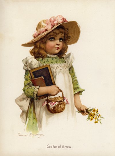 Flickor: Skoltid (färg litho) av Frances Brundage