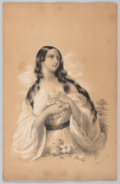 Kvinna som håller blommor i The New York Drawing Book, som innehåller en serie originaldesign..., 1847. av Frances Flora Bond Palmer