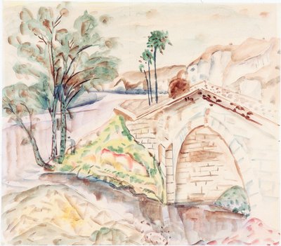 橋 (ボード上の紙に鉛筆と水彩) スウェーデン語 av Frances Hodgkins