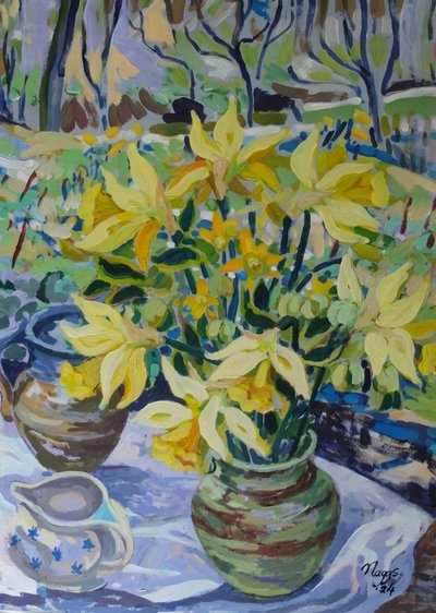 First Daffodils, 2024 (akryl på duk) av Frances Naggs