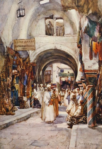Souk des Etoffes, Tunis (färglitografi) av Frances Nesbitt