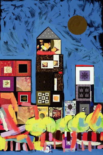 Nighttime, Canary Wharf (akryl på papper collage på monteringstavla) av Frances Treanor
