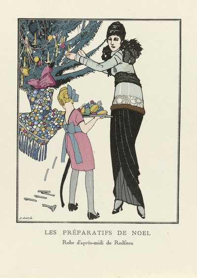 Förberedelser inför julen, pub. 1914 (stenciltryck) av Francesc Xavier Gosé