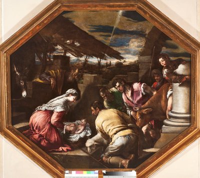 Tillbedjan av herdarna Målning av Francesco da Ponte dit Francesco Bassano (1549-1592) Genes, Strada Nuova-museerna av Francesco Bassano