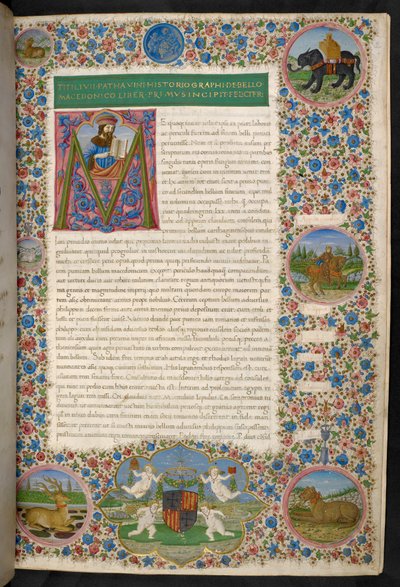 Initial M, med ett porträtt av Livy, från Livys "History of Rome", eller "Ab Urbe Condita, fjärde decenniet" av Francesco (attr.) Rosselli