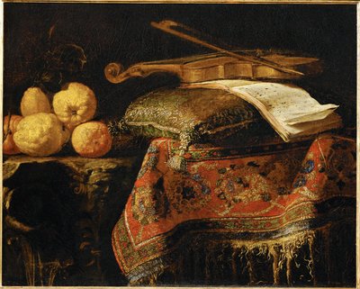 Nature Morte: cedrats et violon - Still-life: lemons and violin ... av Francesco (b.1640) Fieravino