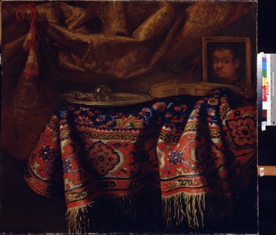 Stilleben med självporträtt. (Stilleben med självporträtt). Målning av Francesco Fieravino (mellan 1610 och 1660). Italiensk konst, barockstil. Regionala A. Deineka konstgalleri, Kursk, Ryssland av Francesco (b.1640) Fieravino