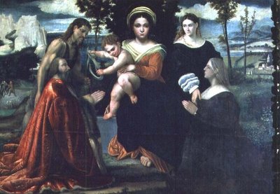 Madonna och barn tronade med helgon och donatorer av Francesco Torbido