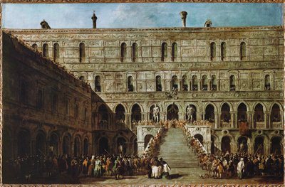 Kröning av doge av Venedig på trappan till jättarna i hertigpalatset ... av Francesco (circle of) Guardi