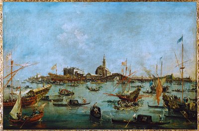 Doge, i sin gyllene gondol, Bucintoro, passerar San Niccolo del Lido ... av Francesco (circle of) Guardi