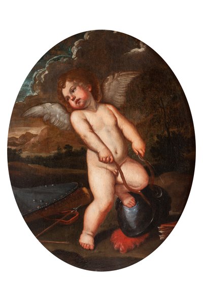 Winged Putto bryter Minervas instrument av Francesco Albani