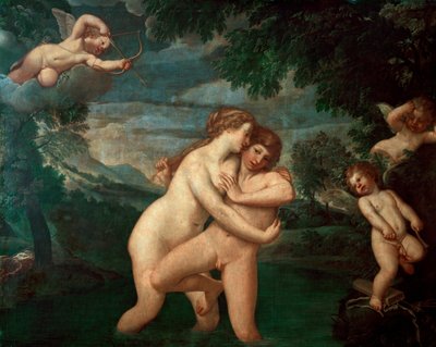 Salmacis i badet stött bort av Hermaphrodite Nymfen Salmacis, eprise av Hermes och Afrodites son, ser sina framsteg stötas bort - Målning av Francesco Albani dit l