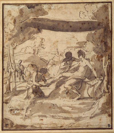 Venus, liggande under en rustik baldakin, med Adonis som fäster sin sandal (penna och bläck med tvätt på papper) av Francesco Albani