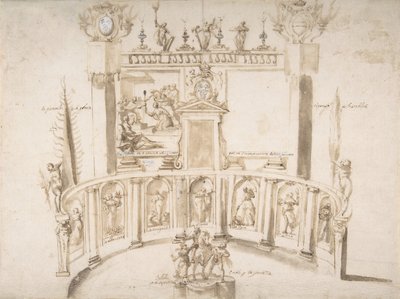 Design för en trädgårdsfest med en halvcirkelformad vägg och statyer i nischer., ca. 1635-79. av Francesco Allegrini