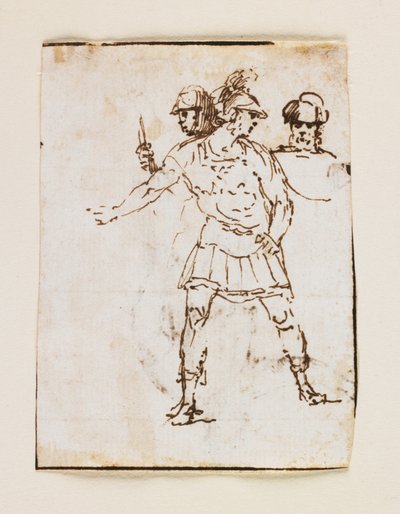Studie av två romerska soldater och en skäggig figur (recto); Studie av en skäggig man som går med en pinne (verso) (penna och brunt bläck) av Francesco Allegrini