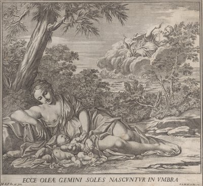 Latona och hennes sovande tvillingar, Apollo och Diana, i ett landskap, 1705. av Francesco Antonio Meloni