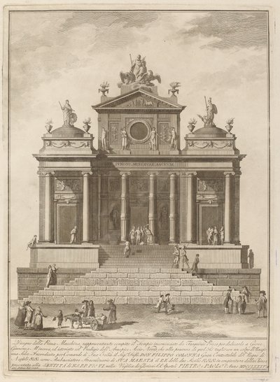 Ett tempel tillägnat Jupiter, Juno och Minerva, för Kinafestivalen, 1785. av Francesco Barbazza