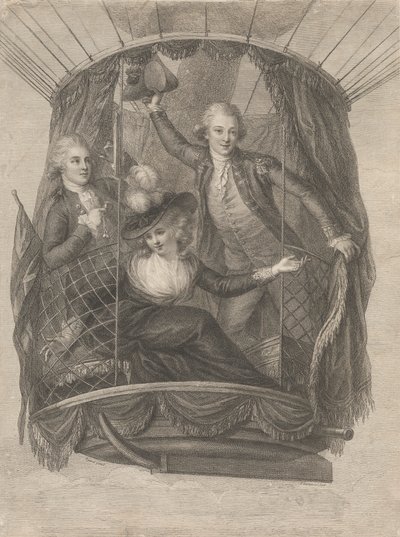 Ascension av Madame Sage, Chevalier Biggin och kapten Vincent Lunardi i en ballong, 20 juni 1785 av Francesco Bartolozzi