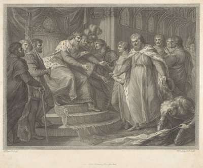 Edvard, prins av Wales, presenterar den tillfångatagne franske kungen Johan och hans söner för sin far Edvard III efter slaget vid Poitiers av Francesco Bartolozzi