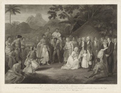 Kapitein James Wilson på ölandet Otaheité Överlåtelsen av Matavai (på Tahiti) till kapten James Wilson Överlåtelsen av distriktet Matavai på ön Otaheite till kapten James Wilson för användning av missionärerna som skickats dit av det sällskapet av Francesco Bartolozzi