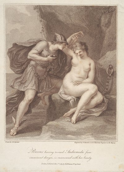 Perseus, som har räddat Andromeda ur överhängande fara, förälskar sig i hennes skönhet av Francesco Bartolozzi